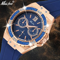 MISSFOX Women's Watches Chronograph Rose Gold Sport Watch Ladies Diamond Blue Rubber Band Xfcs Guessing Female Quartz Wristwatch