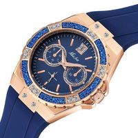 MISSFOX Women's Watches Chronograph Rose Gold Sport Watch Ladies Diamond Blue Rubber Band Xfcs Guessing Female Quartz Wristwatch