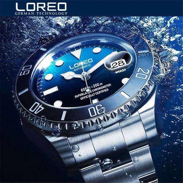 New LOREO Water Ghost Series Classic Blue Dial Luxury Men Automatic Watches Stainless Steel 200m Waterproof Mechanical Watch