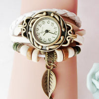 Style Quartz Women Top Brand  Fashion Women Children Retro LeatherWinding Bracelet Leaf Pendant Watch