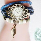 Style Quartz Women Top Brand  Fashion Women Children Retro LeatherWinding Bracelet Leaf Pendant Watch