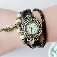 Style Quartz Women Top Brand  Fashion Women Children Retro LeatherWinding Bracelet Leaf Pendant Watch