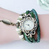 Style Quartz Women Top Brand  Fashion Women Children Retro LeatherWinding Bracelet Leaf Pendant Watch